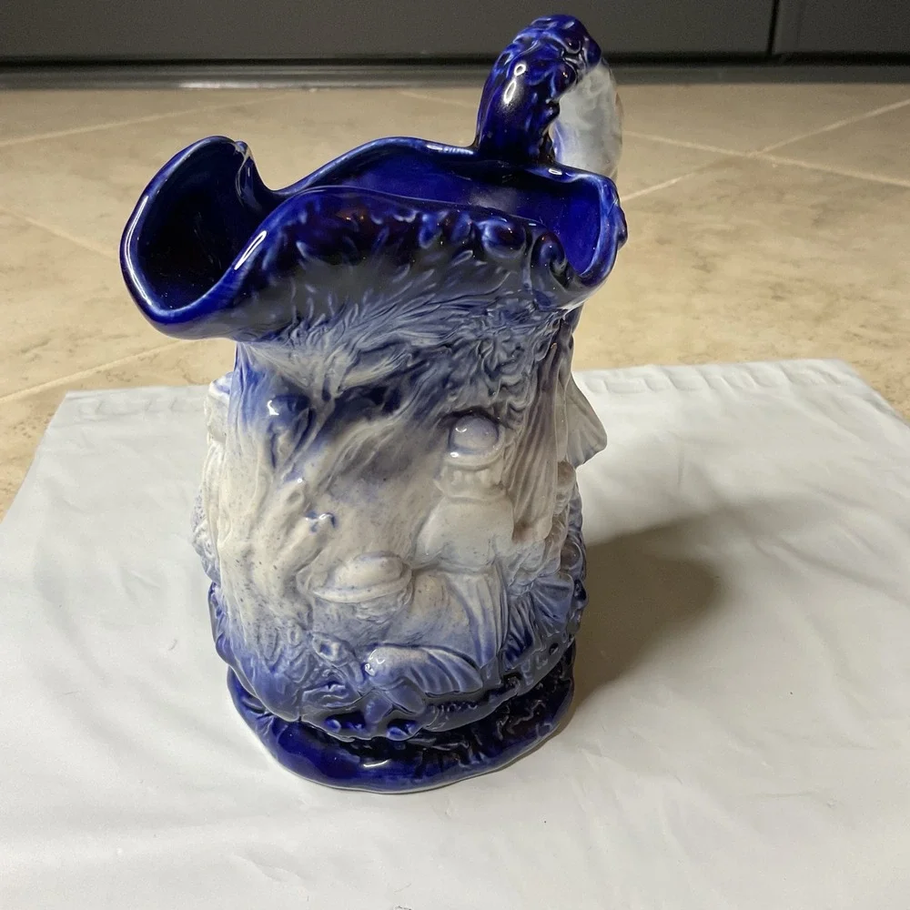 Burleigh Ironstone Flow Blue Pitcher Reproduction Staffordshire England Relief